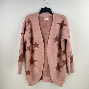 Altar'd State Cardigan Sweater Womens XS Pink Fleece Fuzzy Star Open‎ Front
